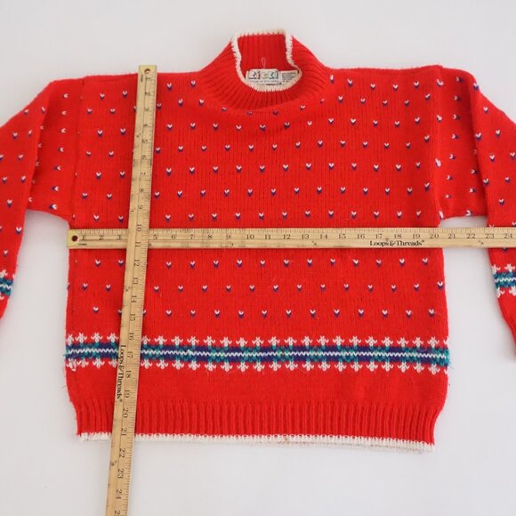 Vintage Ricki Red Mock Neck Heart Motif Fair Isle Knit Sweater Cabincore M - Picture 3 of 9